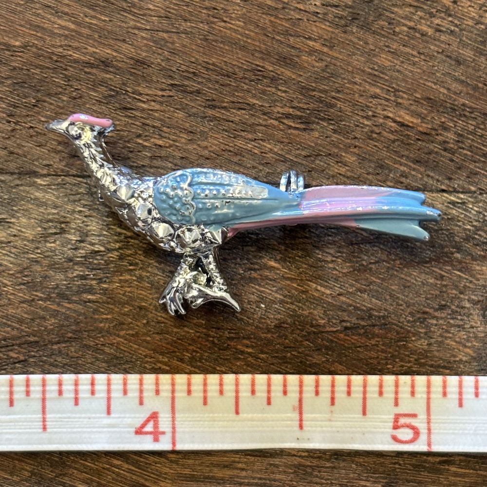 Peacock Bird Faux Enamel Brooch Silver Tone